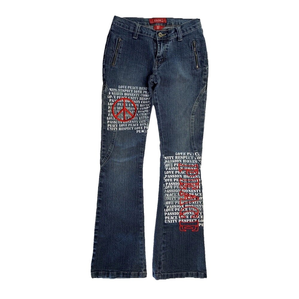 Y2K LeMore Hippie Low Rise Flare Jeans Sz 1 (26x30) Blue Red Peace Love Festival